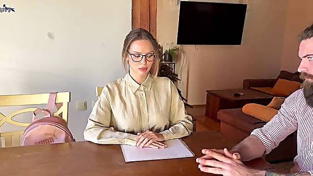 Fucking the nanny, she stretches her gams and rocks excitement for another man, while her husband witnesses - thickest XXX moment!