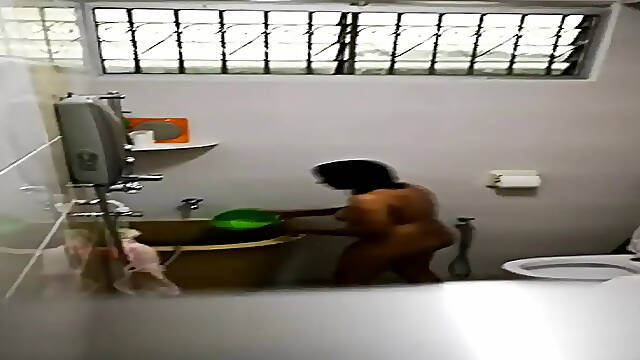 Indonesian maid gets huge tit fucked in shower cam
