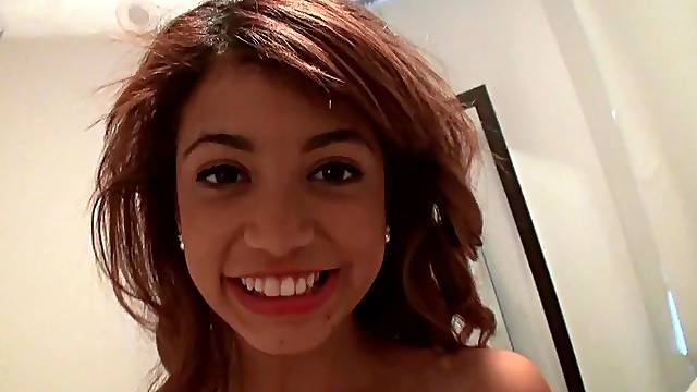 Barely legal Latina brunette with small boobs riding a huge cock