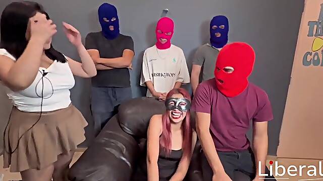 Slender hotwife playing spin the bottle with singles and her cuckold spouse, sucking everybodys schlong