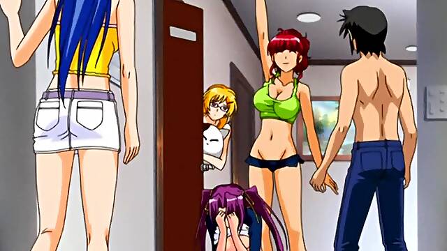 Blondes with big boobs in a steamy anime threesome on the bed