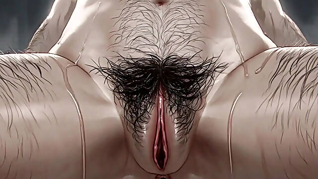 MILF showing a close-up of her hairy, wet pussy.