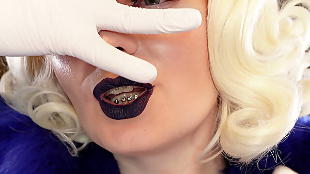 Medical nitrile white nurse gloves and fur with dark lipstick - Blonde ASMR