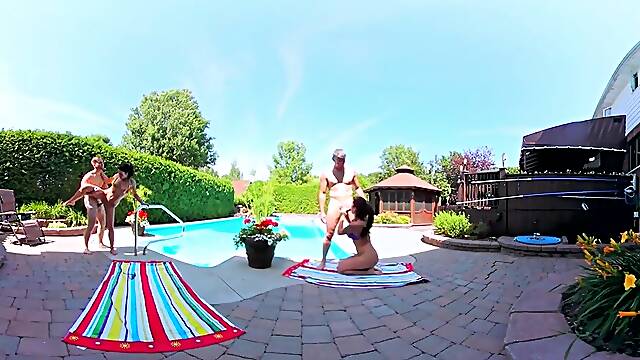 Sultry Shana and sizzling Heidi in a steamy foursome by the pool