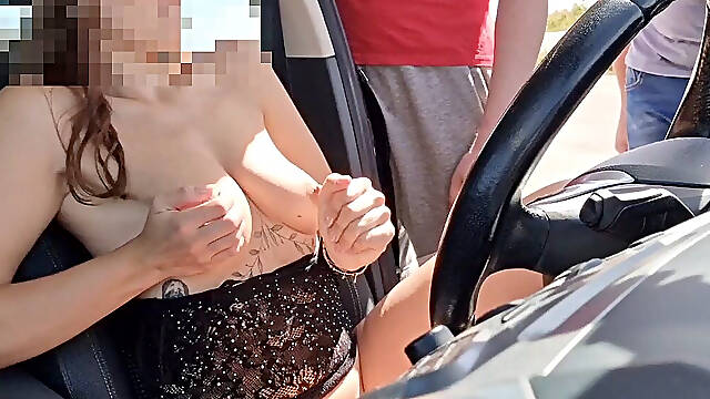 In the Parking Lot, She Is Masturbating in the Car, Two Strangers Approach Me, I Open the Door and Let Them Touch Me